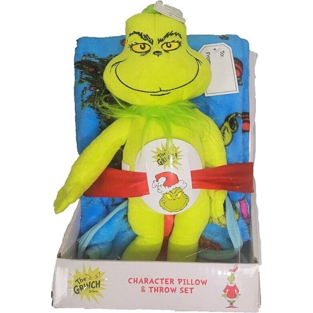 NEW The Grinch Christmas Fleece Throw Blanket & Plush Doll Pillow Movie Dr Seuss